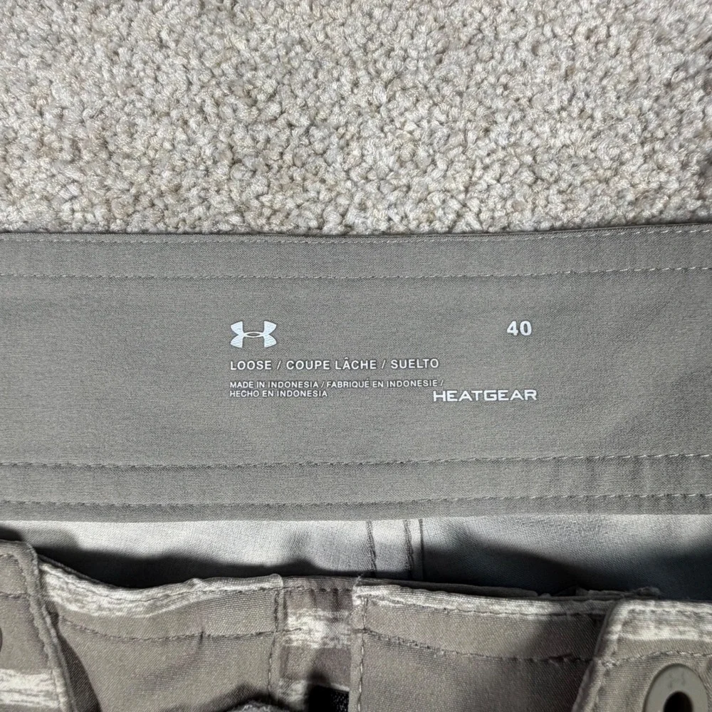 Under Armour Board Shorts Mens 40 Grey Striped HeatGear‎ Loose Fit Swim Trunks